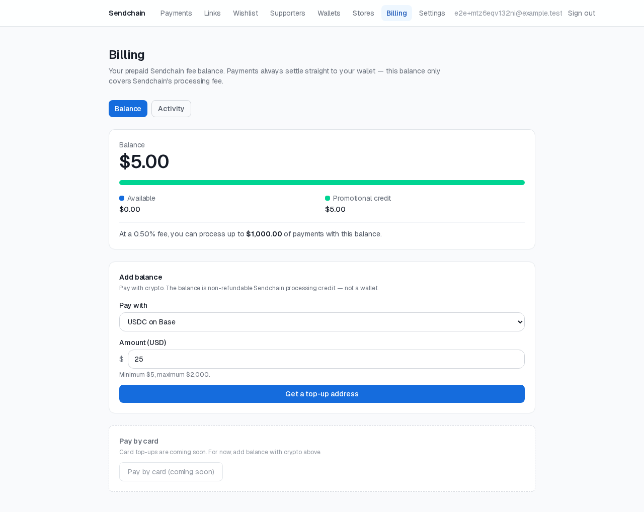 The Billing page showing balance, promotional credit, and the top-up form.