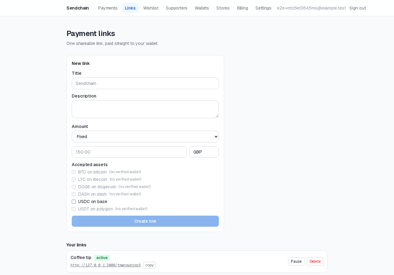 The Links page listing existing payment links.