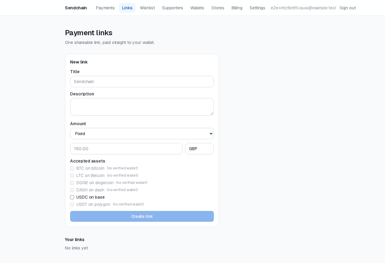 The new payment link form, with amount type and accepted assets.