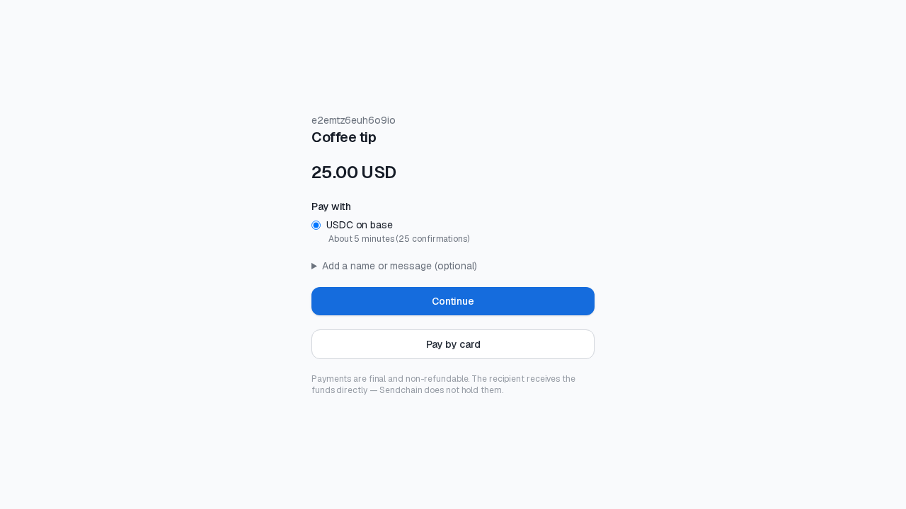 A live pay page showing the amount due and asset choice.